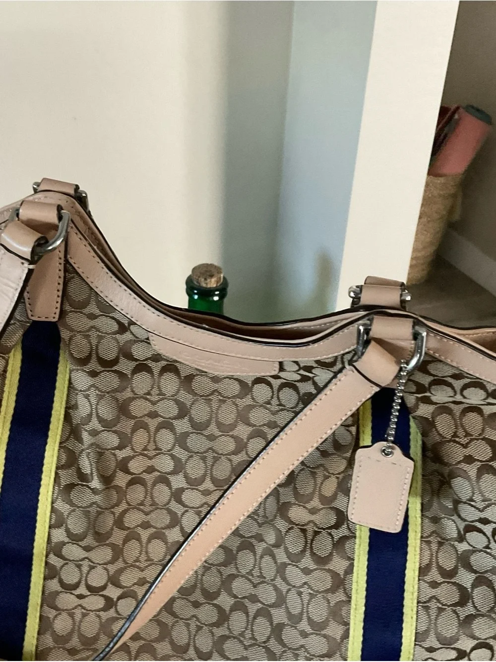 Coach Signature C Jacquard Canvas Tote Bag Tan Leather Trim Shoulder Bag - Picture 5 of 11